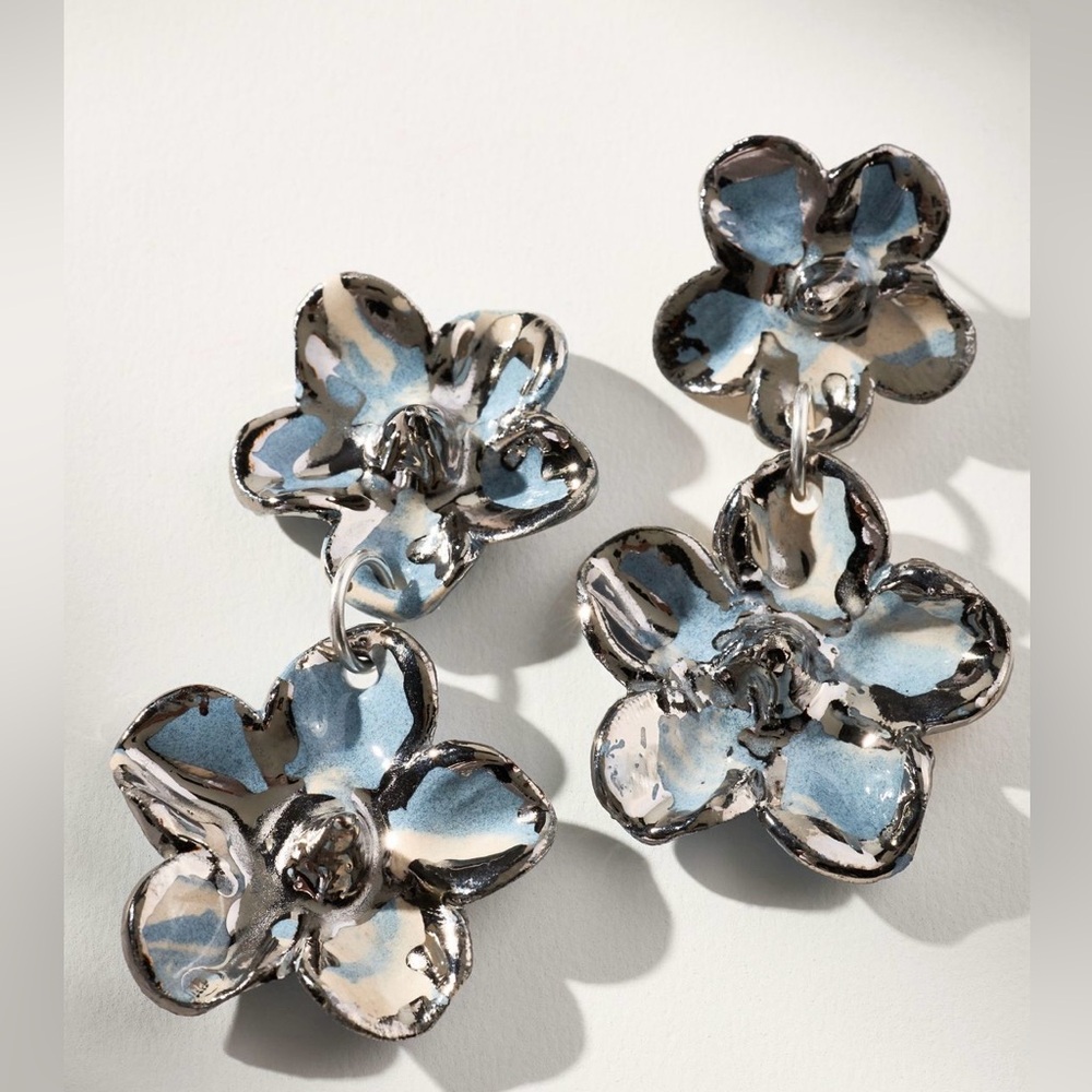 Anthropologie Levens Silver and Blue Floral Earrings